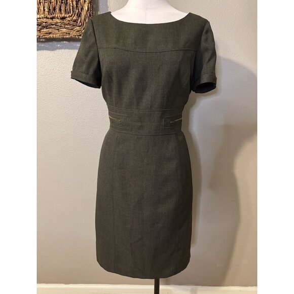 Tahari Levine Dress 10 Tweed Olive Green.Brown Short Sleeve Sheath Career Church - Picture 2 of 10